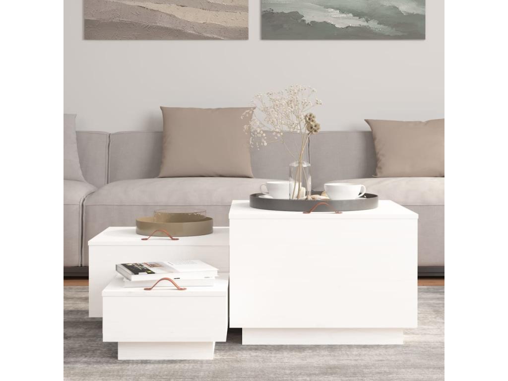 3-piece storage boxes and lids, white, solid pine wood