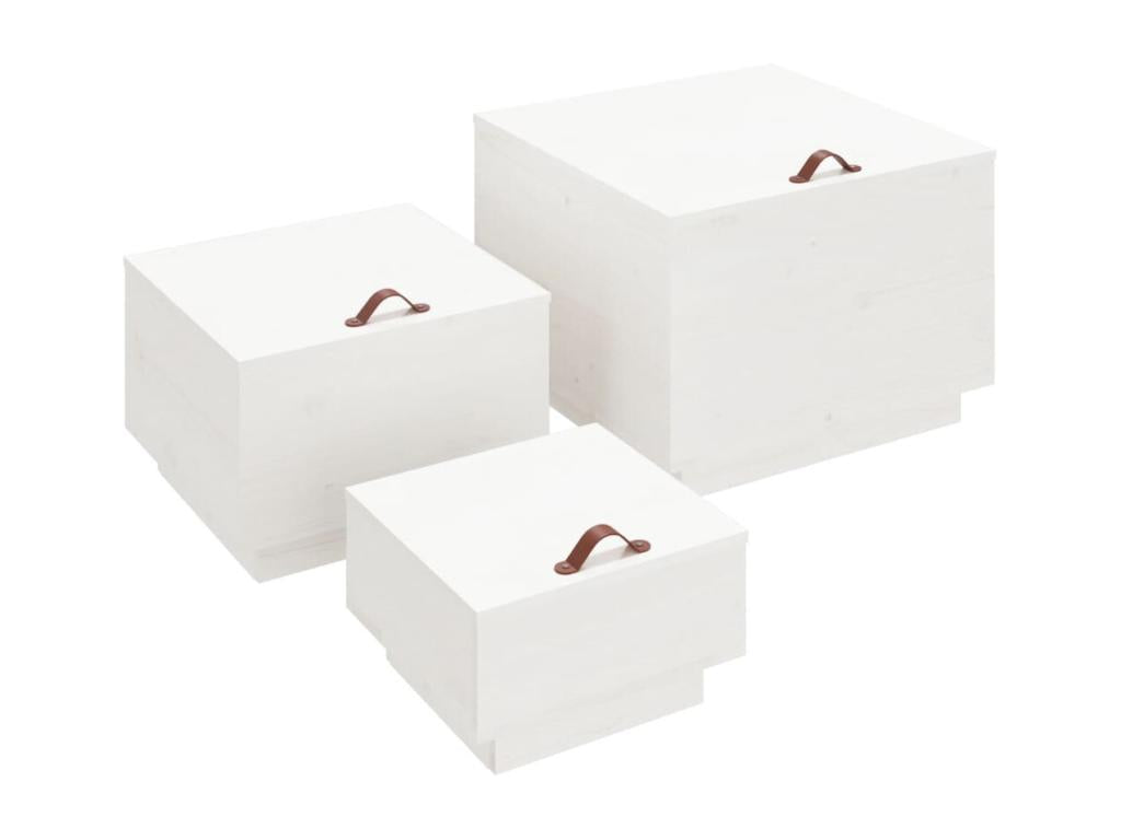 3-piece storage boxes and lids, white, solid pine wood
