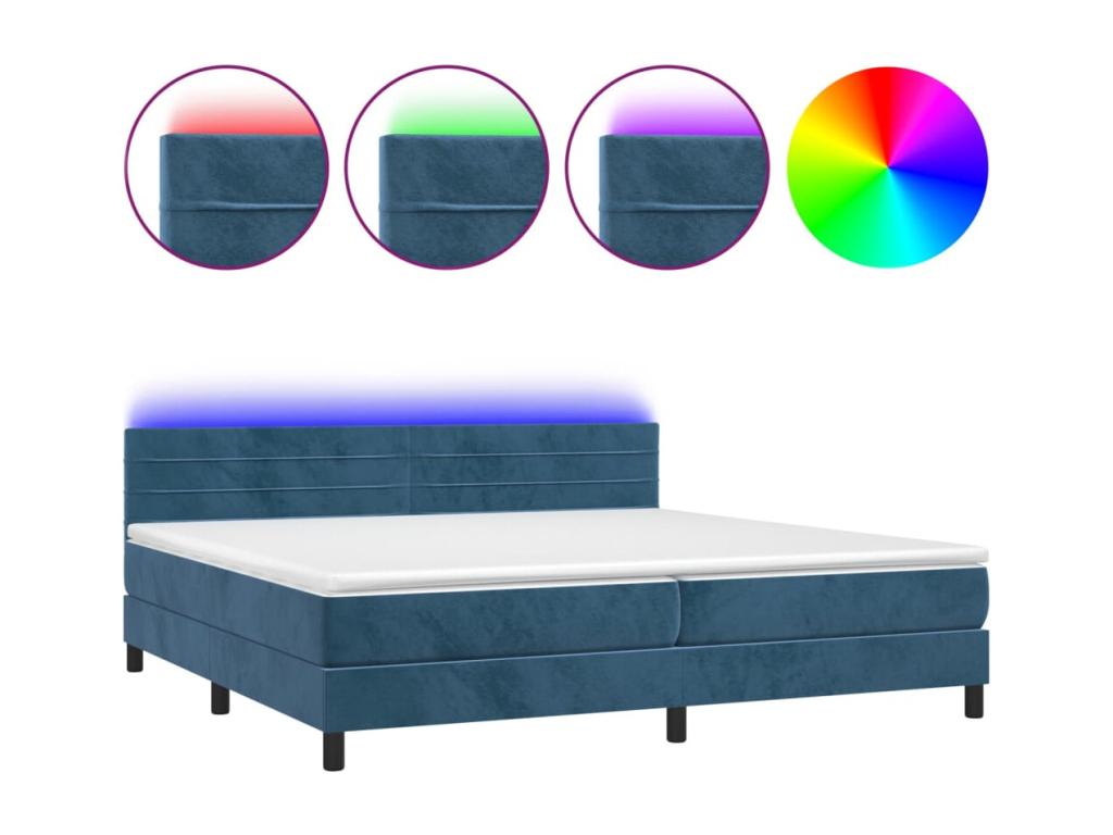 Upholstered bed base with mattress and LED light, dark blue, 200x200 cm, velvet