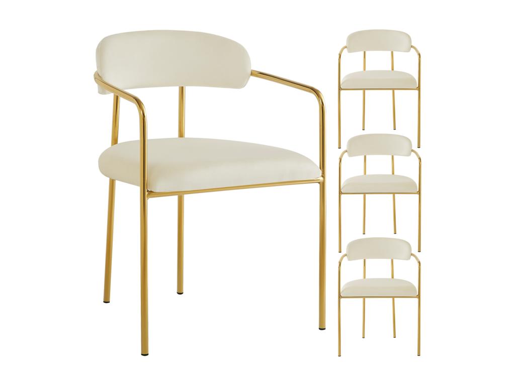Set of 4 dining chairs with backrest and armrests - 55x45.5x76.5 cm - Velvet upholstery and gold-plated iron legs - Beige