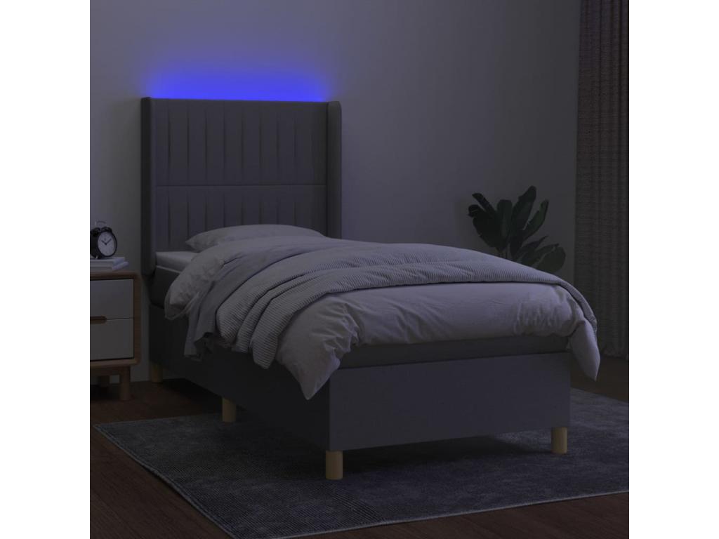 Upholstered bed base with mattress and LED light, light grey, 90x200cm, fabric