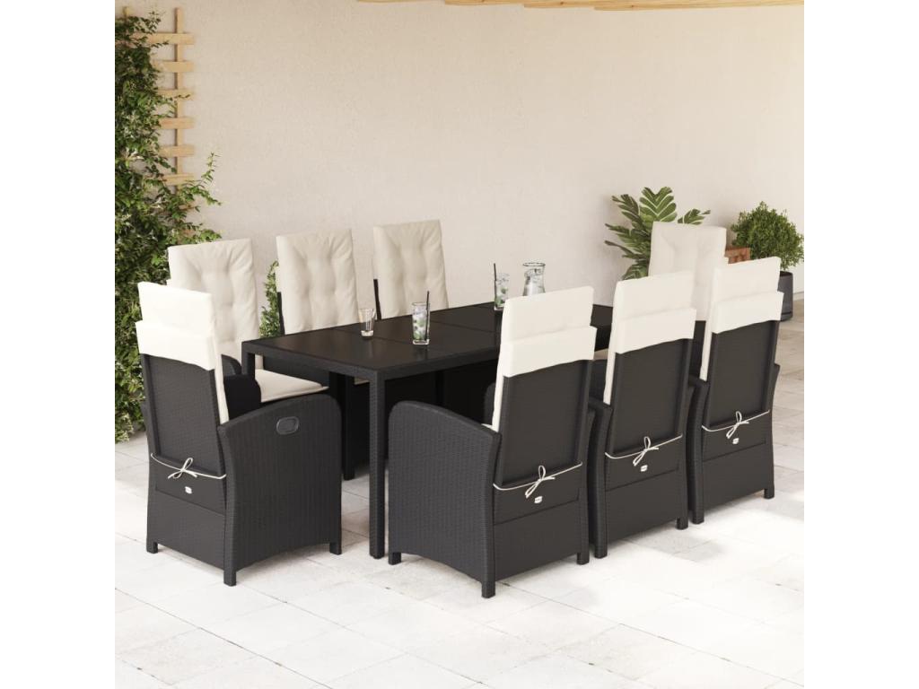 9-piece garden dining set with black resin wicker cushions