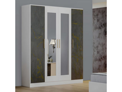 4-Door Wardrobe, White/Glossy Grey Marble - Homzora - W 162 x D 52 x H 199 cm