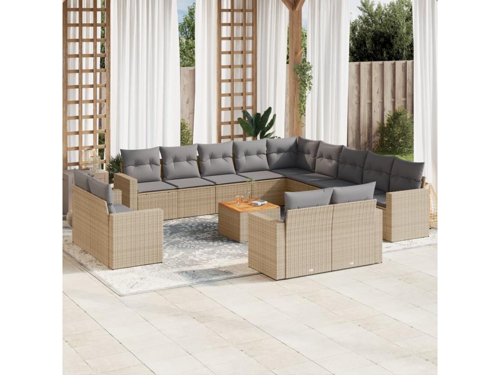 14-piece garden furniture set and cushions, méMeubiana beige woven resin
