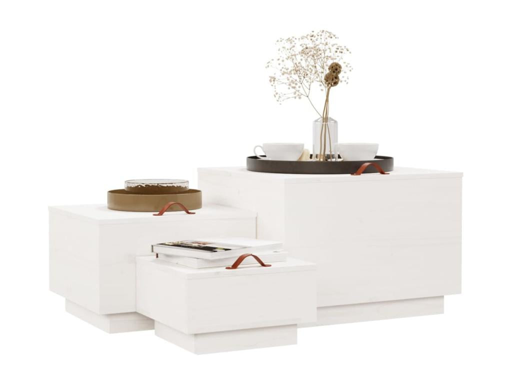 3-piece storage boxes and lids, white, solid pine wood