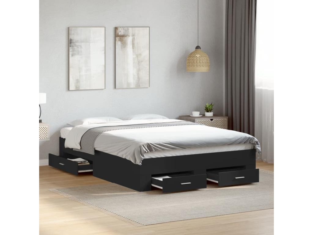 Black bed frame and drawers, 120x190 cm, engineered wood