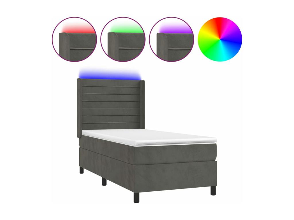 Upholstered bed base and mattress with LED lighting, Dark Grey, 90x190cm, Velvet