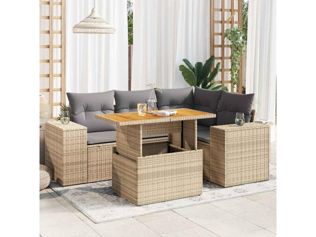 5-piece garden furniture set with cushions, beige woven resin