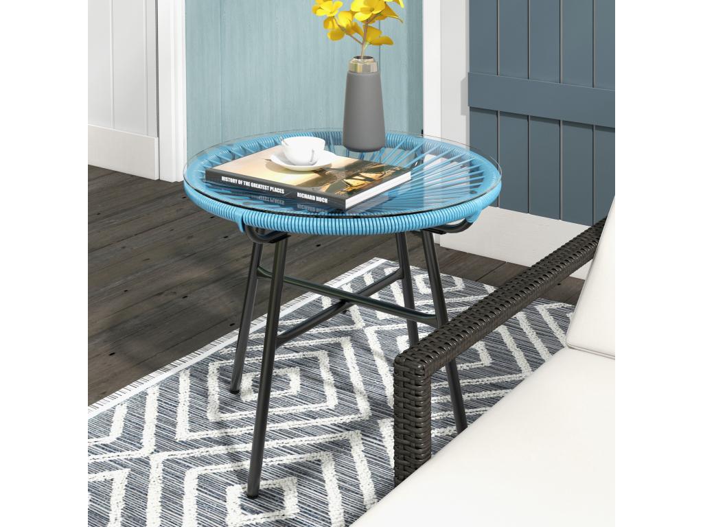 Round garden coffee table in resin with a rattan-look metal finish and tempered glass top, 50x50H cm, blue