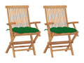 Garden chairs with green cushions, set of 2, solid teak wood