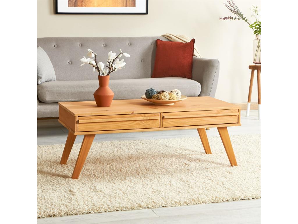 Homzora Scandinavian style coffee table, rectangular living room table with 2 drawers in solid brown stained pine
