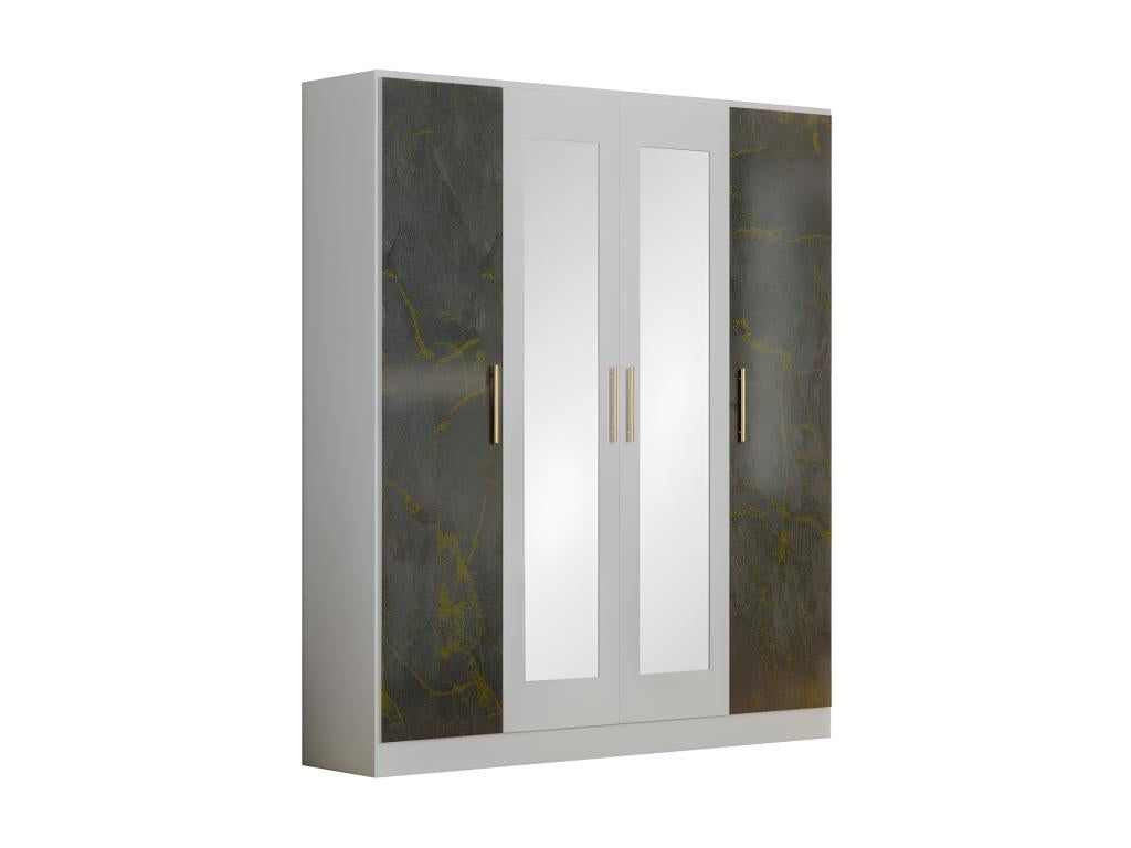 4-Door Wardrobe, White/Glossy Grey Marble - Homzora - W 162 x D 52 x H 199 cm