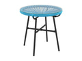 Round garden coffee table in resin with a rattan-look metal finish and tempered glass top, 50x50H cm, blue