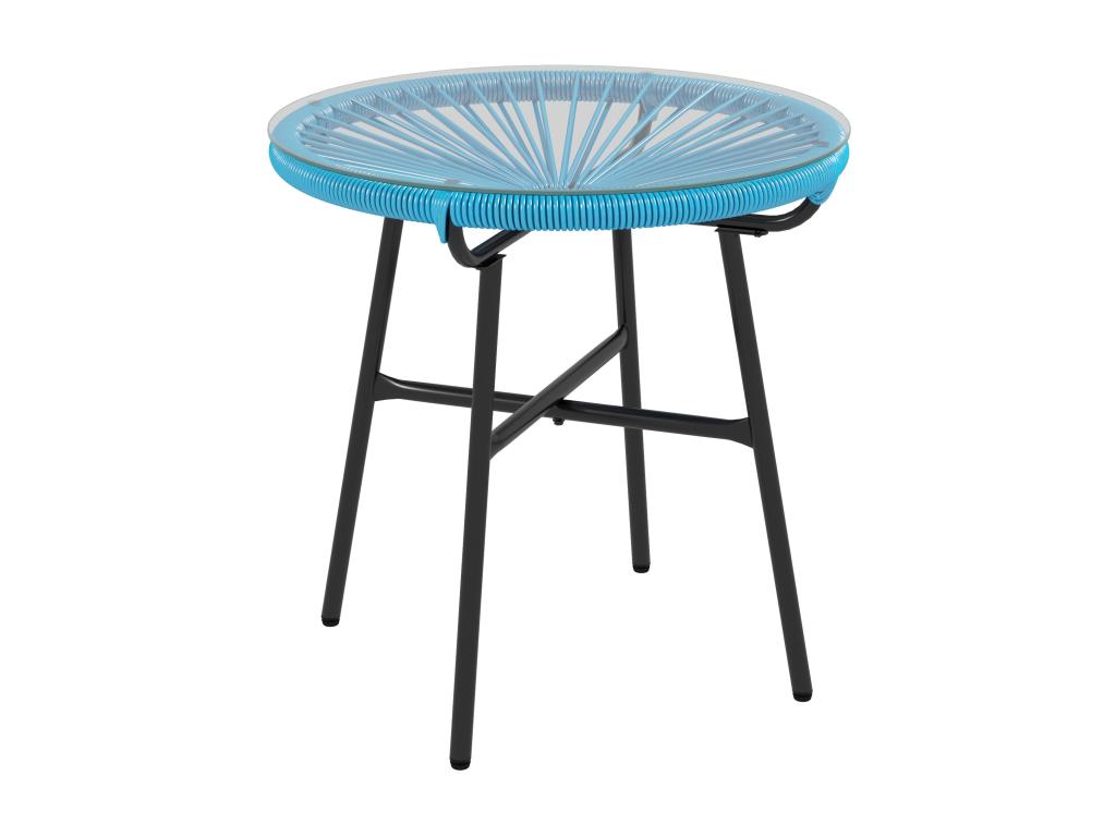 Round garden coffee table in resin with a rattan-look metal finish and tempered glass top, 50x50H cm, blue