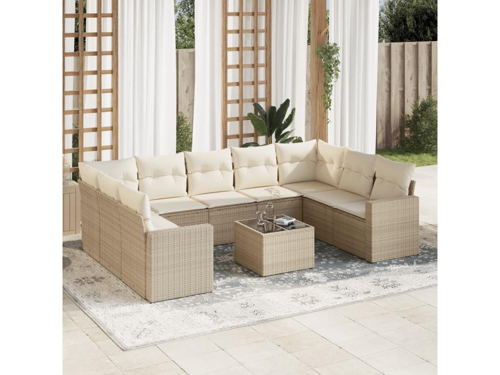 Garden furniture set with 10 beige resin wicker cushions