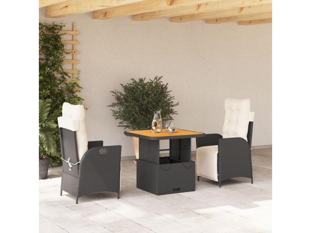 3-Piece Black Garden Dining Set with Cushions