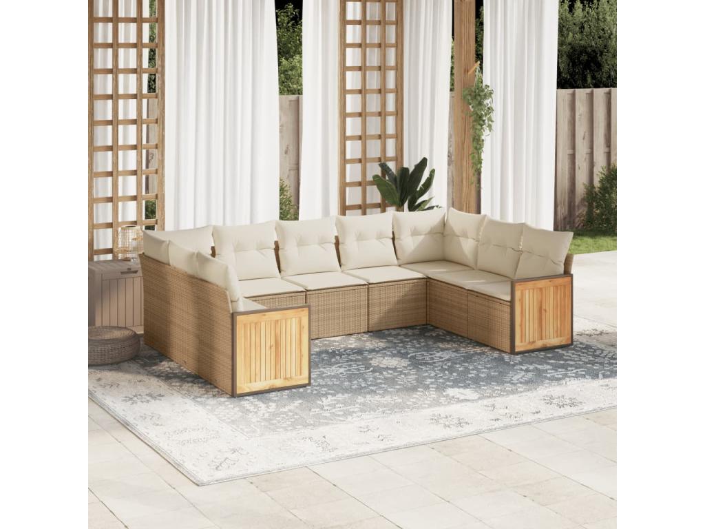 8-piece garden furniture set with cushions, beige woven resin